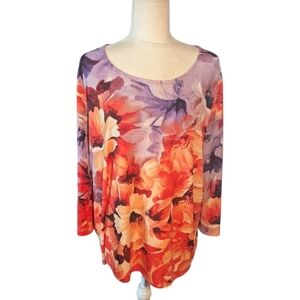 Susan Graver Liquid Knit Purple and Orange Print Bell 3/4 Sleeve Tunic Sz xL